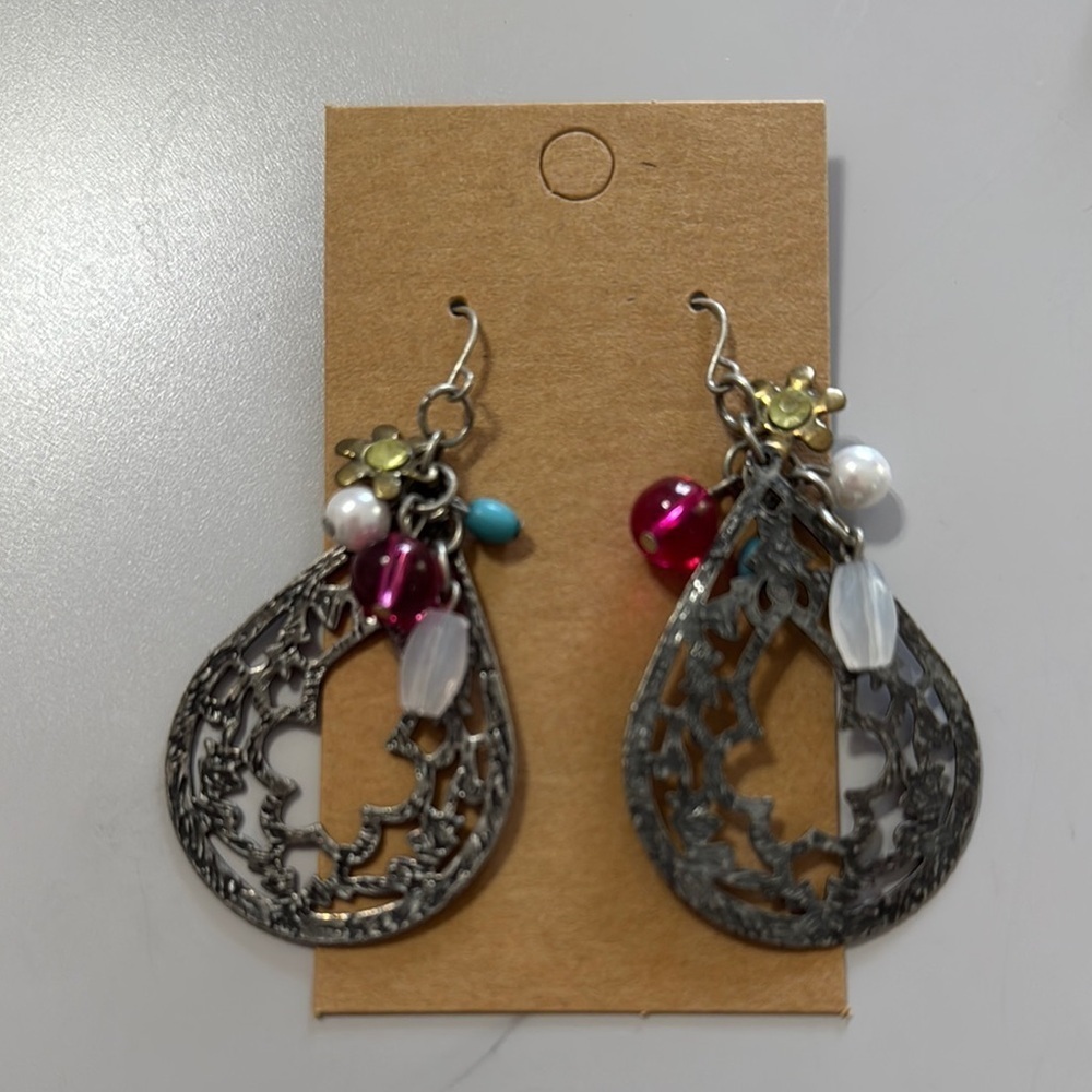 Elegant Silver Teardrop Earrings with Multicolor Beads